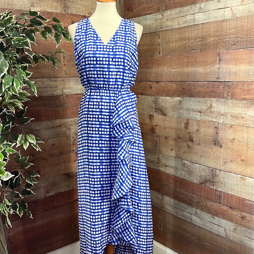 VINEYARD VINES Cobalt Blue White Abstract Polka Dot V-Neck Silk Maxi Dress Sz12